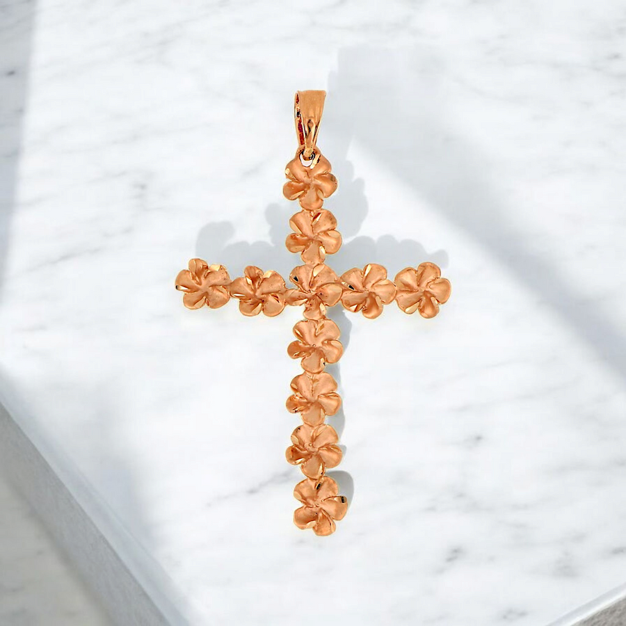 14K Plumeria Cross Pendant