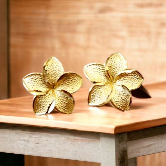 14k Diamond cut Plumeria Earrings