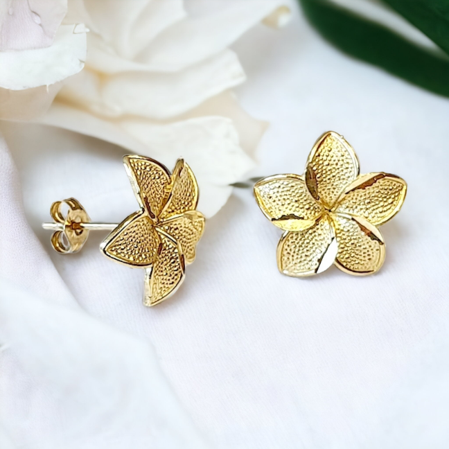 14k Diamond cut Plumeria Earrings