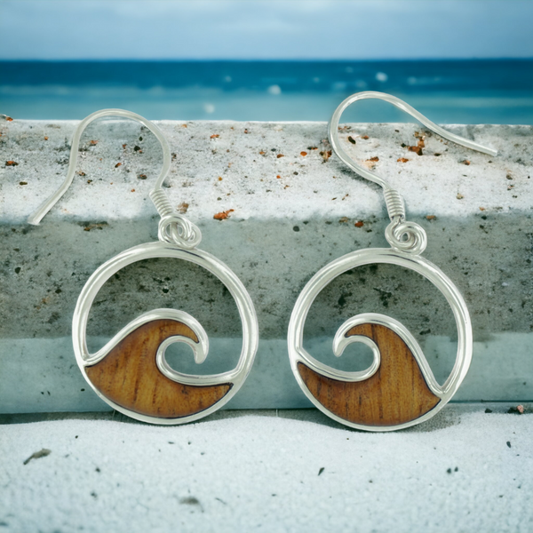 Silver Koa Wood Wave Earrings