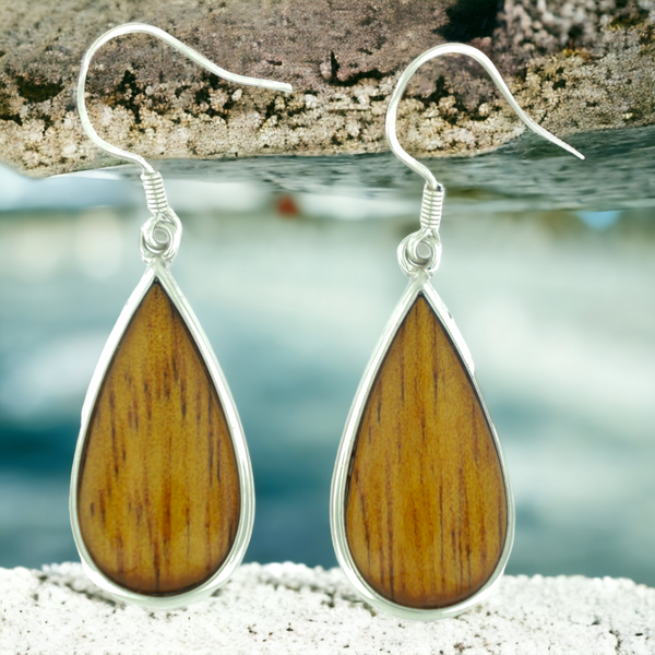 Silver Koa Wood Raindrop Earrings (13x27mm)