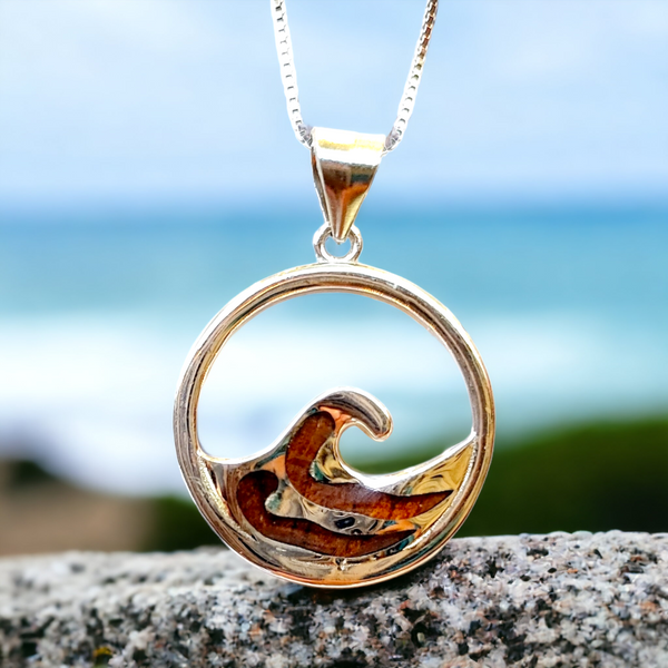 Silver Koa Wood Wave Pendant with Chain (23mm)