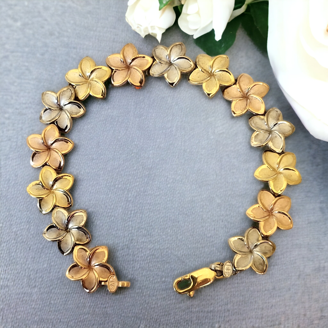 14K Gold Tri-colored Plumeria Lei Bracelet