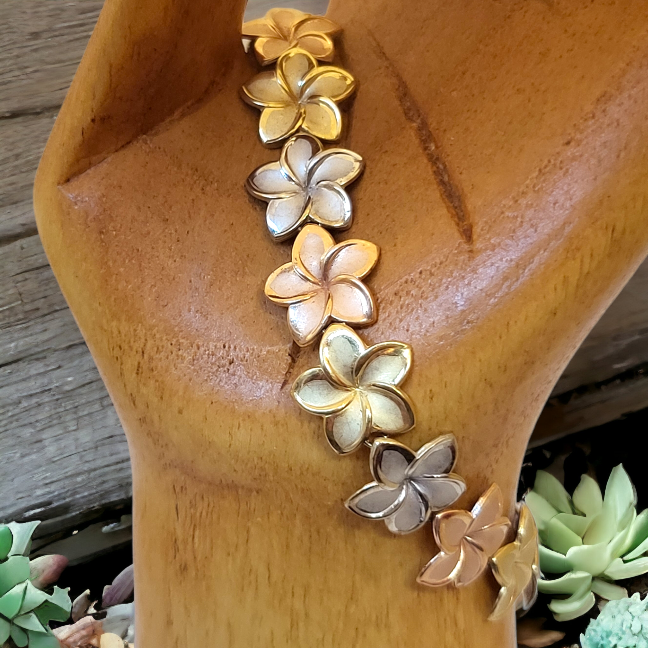 14K Gold Tri-colored Plumeria Lei Bracelet