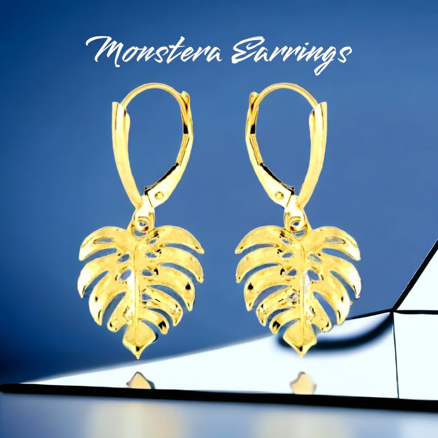 14K  Monstera  Leaf Dangle Earrings.