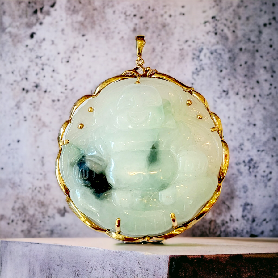 14K  Jade Natural Green Buddha Pendant (59mm)