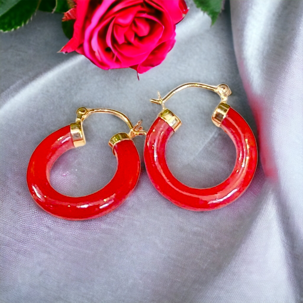 14k Red Jade Hoop Earrings (20mm)