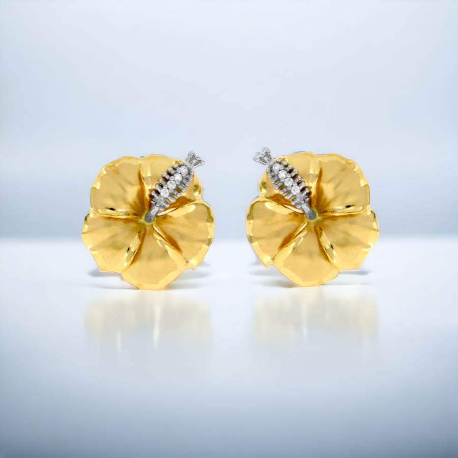 14K Hibiscus Stud Earrings with Diamonds.