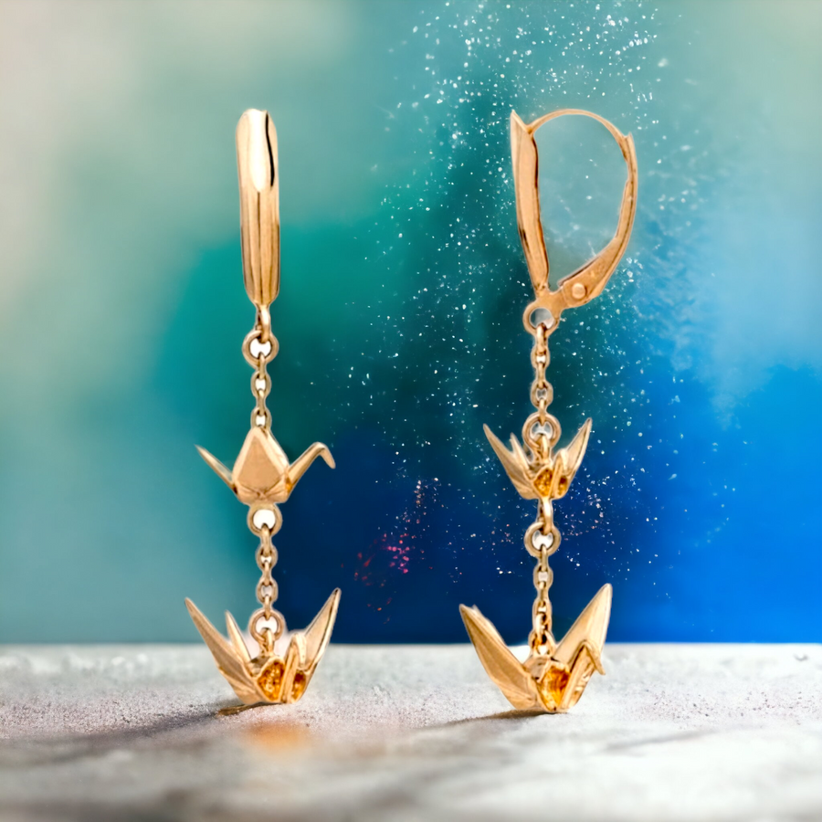 14K  Origami Crane Rose Gold, Dangle Lever back Earrings.