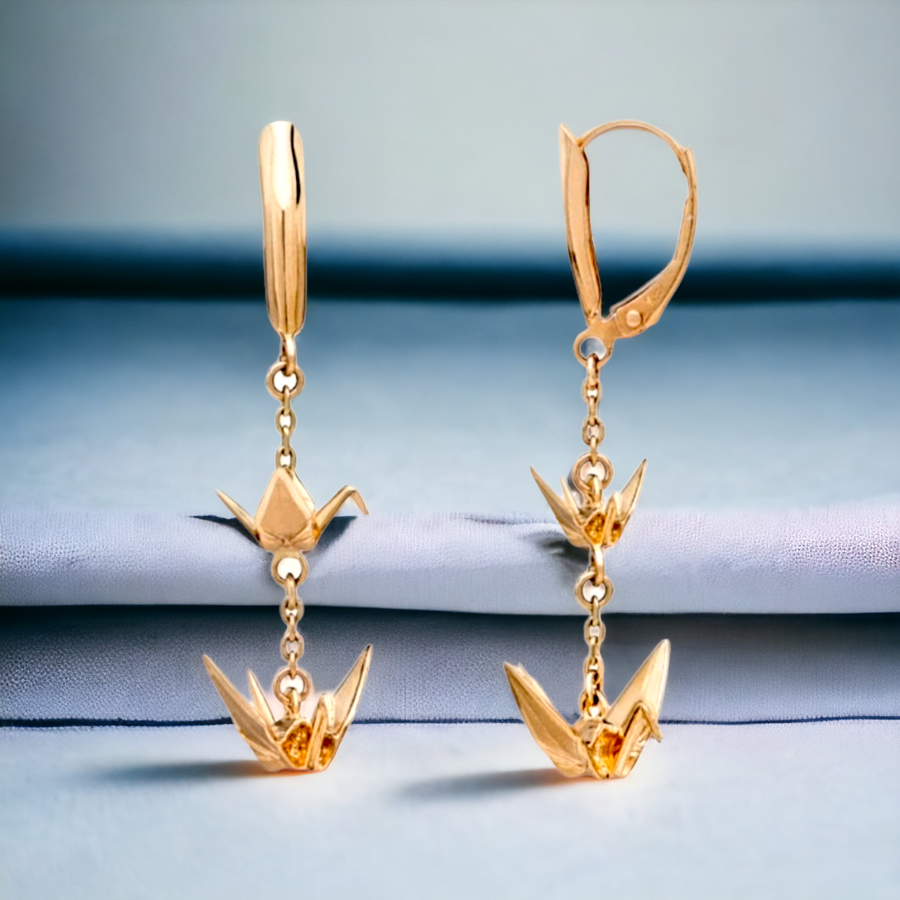 14K  Origami Crane Rose Gold, Dangle Lever back Earrings.