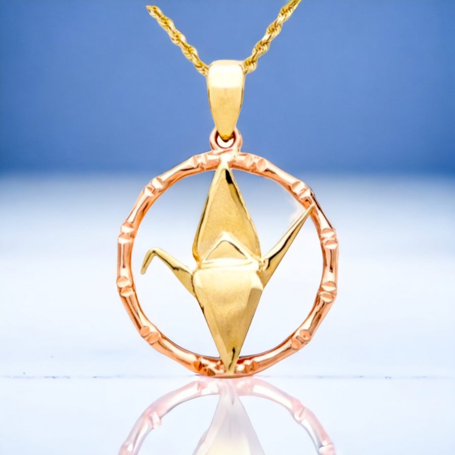 14K Origami Crane Two-Tone Gold Pendant (23mm)