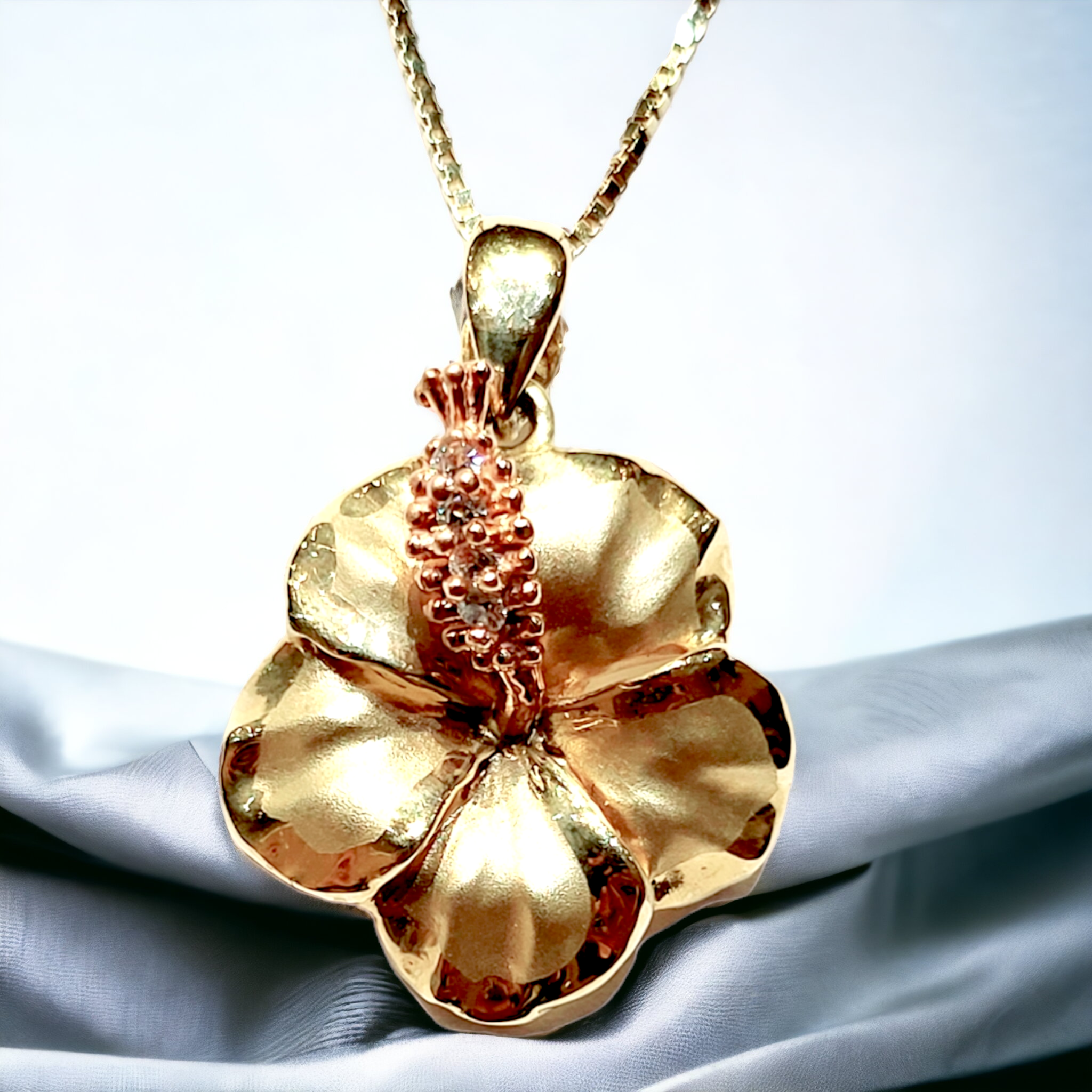 14K Hibiscus & Diamond 20mm Pendant