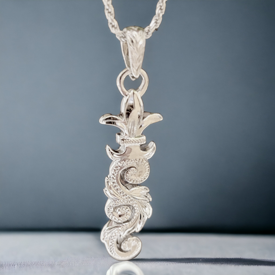 Silver Hawaiian Scroll Fleur De Lis Design Pendant with Chain (38mm)