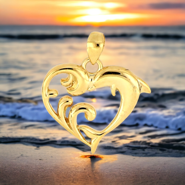 14k Dolphin love waves Pendant
