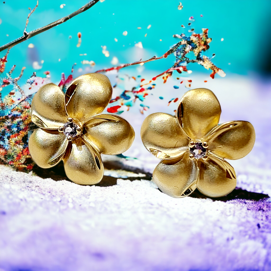 14K  Plumeria Stud Earrings with Tanzanites (16mm)