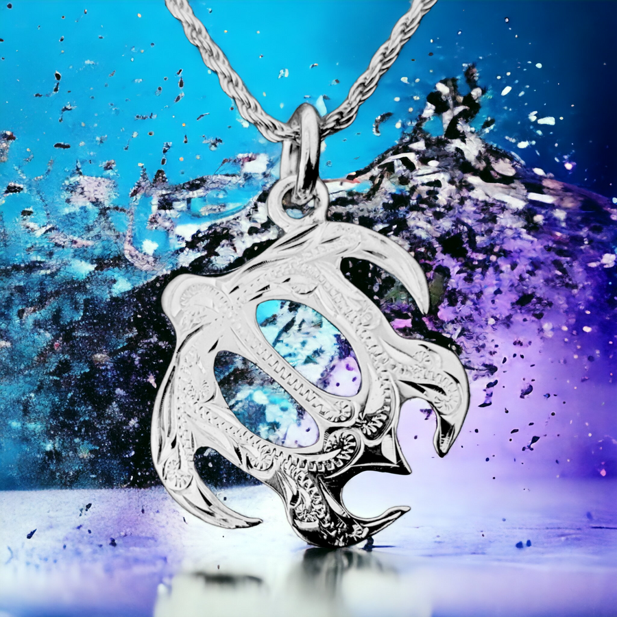 Silver Hawaiian Scroll Design Honu Pendant with Chain (23x24mm)