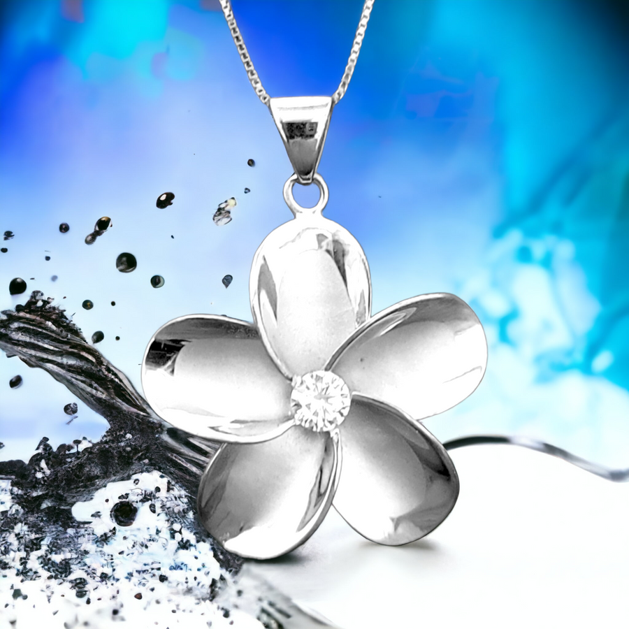 Silver Plumeria CZ Pendant with Chain (30mm)