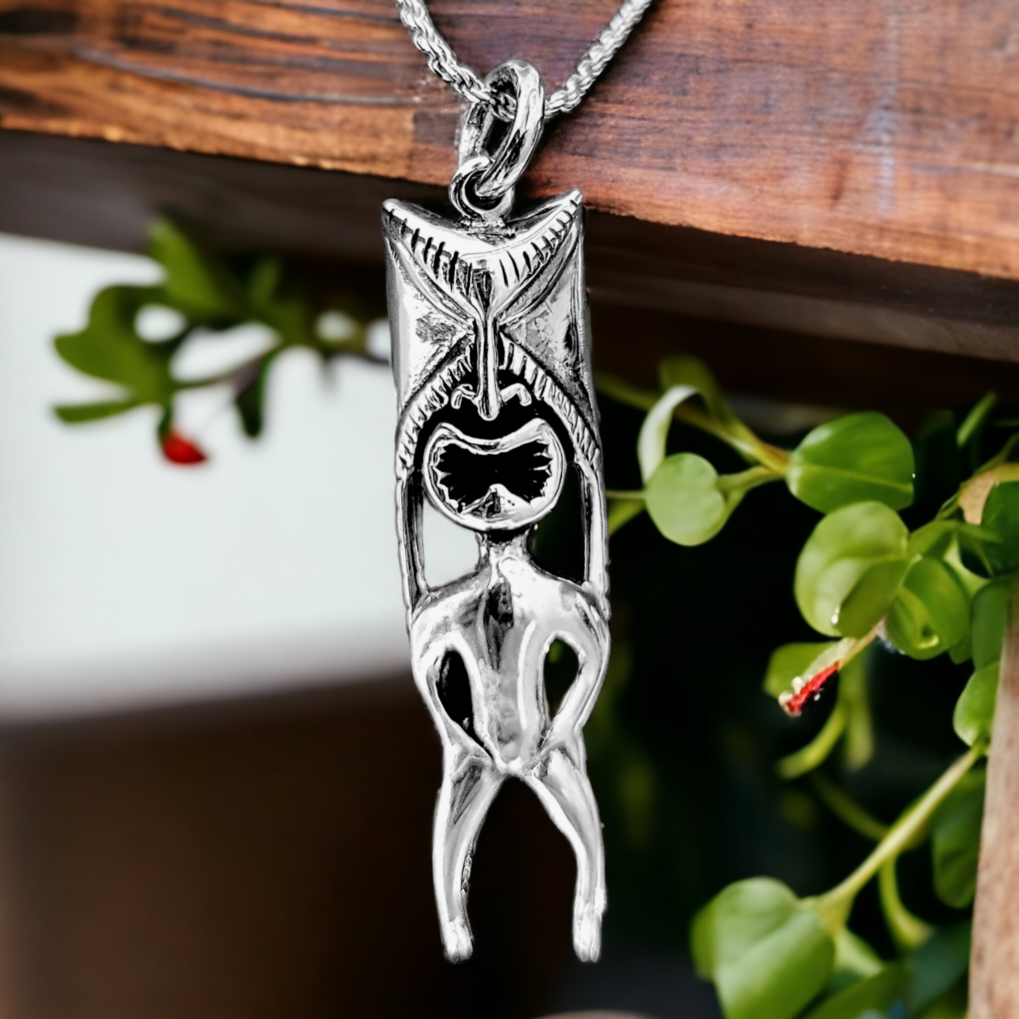Silver Tiki Pendant with Chain 12x47mm