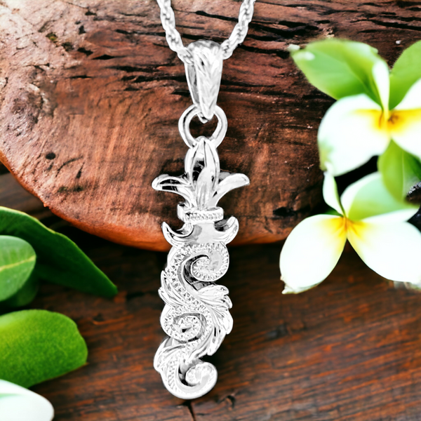 Silver Hawaiian Scroll Fleur De Lis Design Pendant with Chain (38mm)