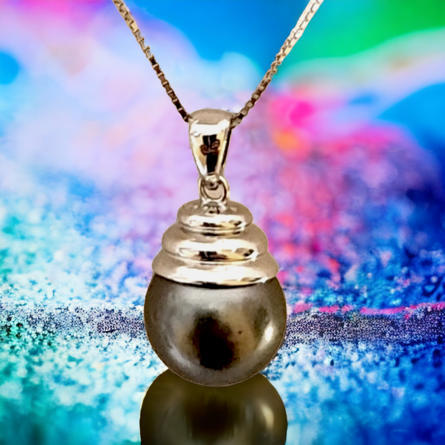 Silver Tahitian  Black Pearl Pendant  with Chain (12mm)