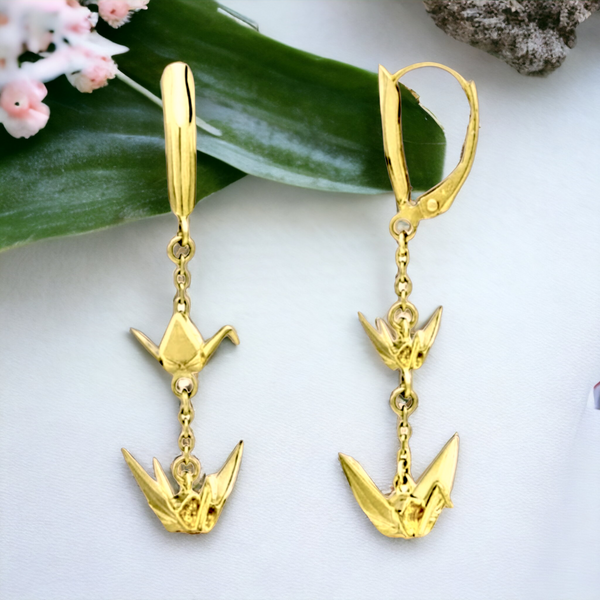 14K Origami Peace Crane  3D Design Earrings