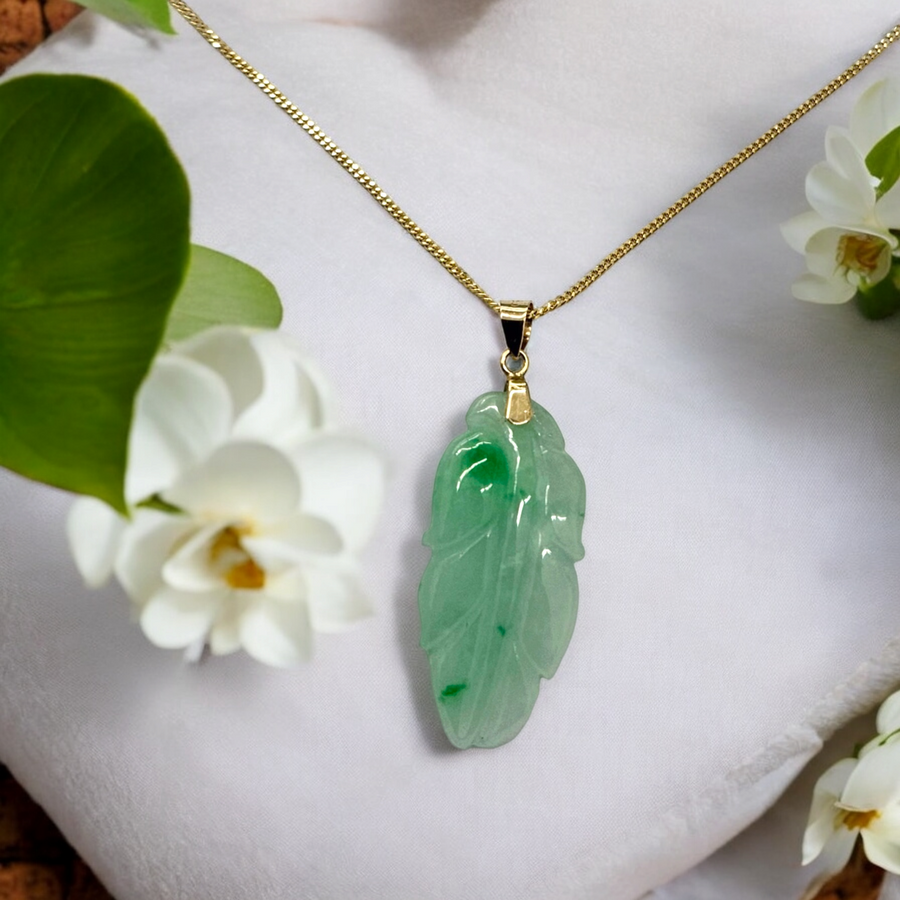 14k Green Jade Leaf Pendant