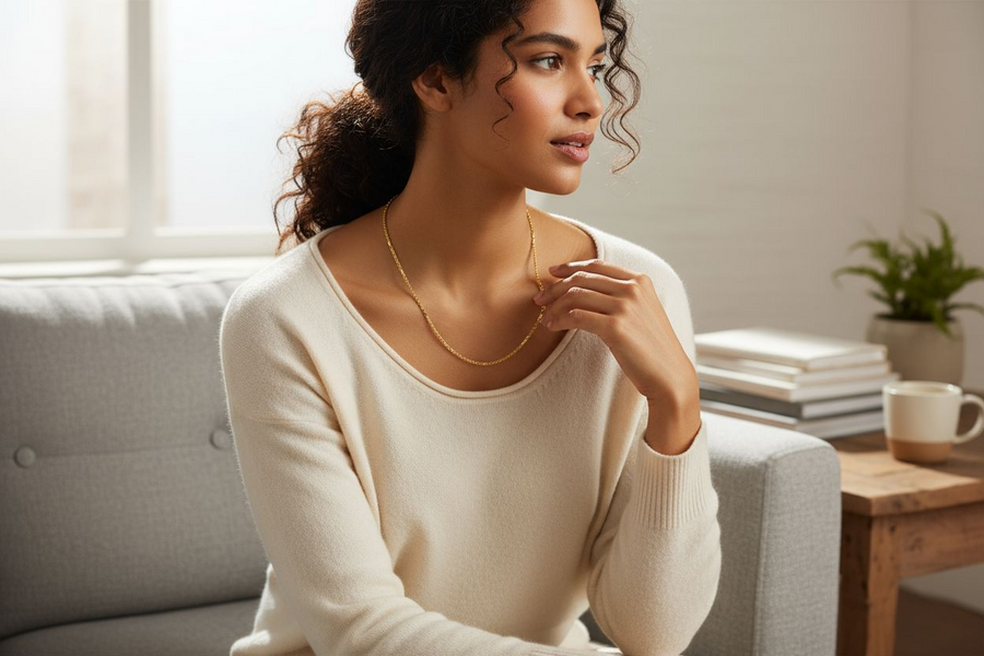 Woman sitting on a couch wearing a white sweater and gold necklace, with a light background.