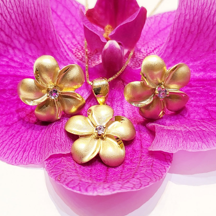 14K  Plumeria Stud Earrings with Tanzanites (16mm)