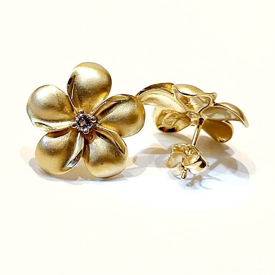 14K  Plumeria Stud Earrings with Tanzanites (16mm)