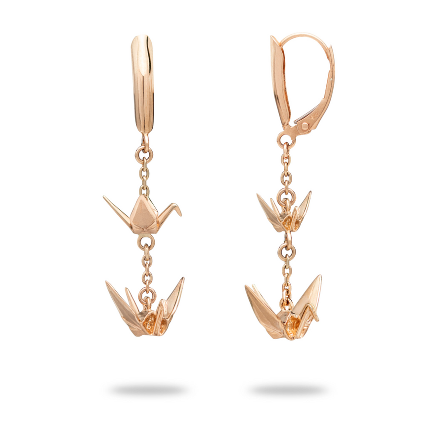 14K  Origami Crane Rose Gold, Dangle Lever back Earrings.