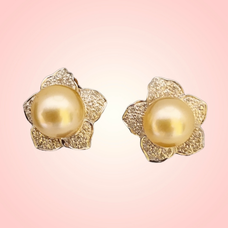 14K South Sea Golden Pearl with Diamond Plumeria Earrings (19mm)