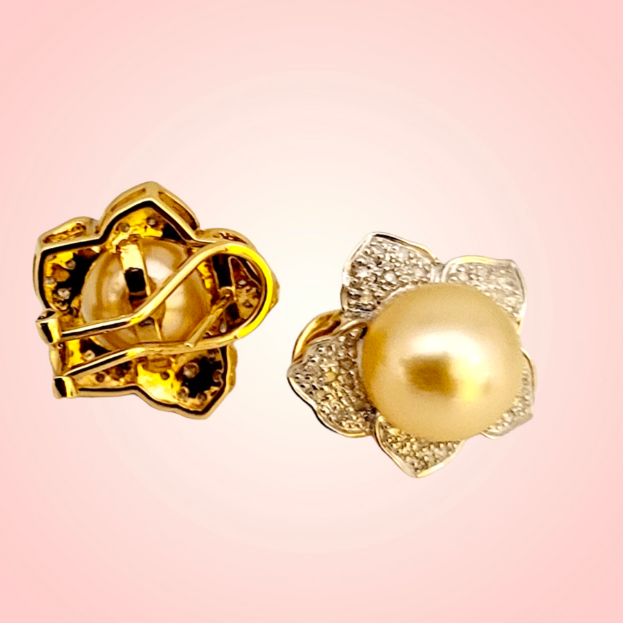 14K South Sea Golden Pearl with Diamond Plumeria Earrings (19mm)