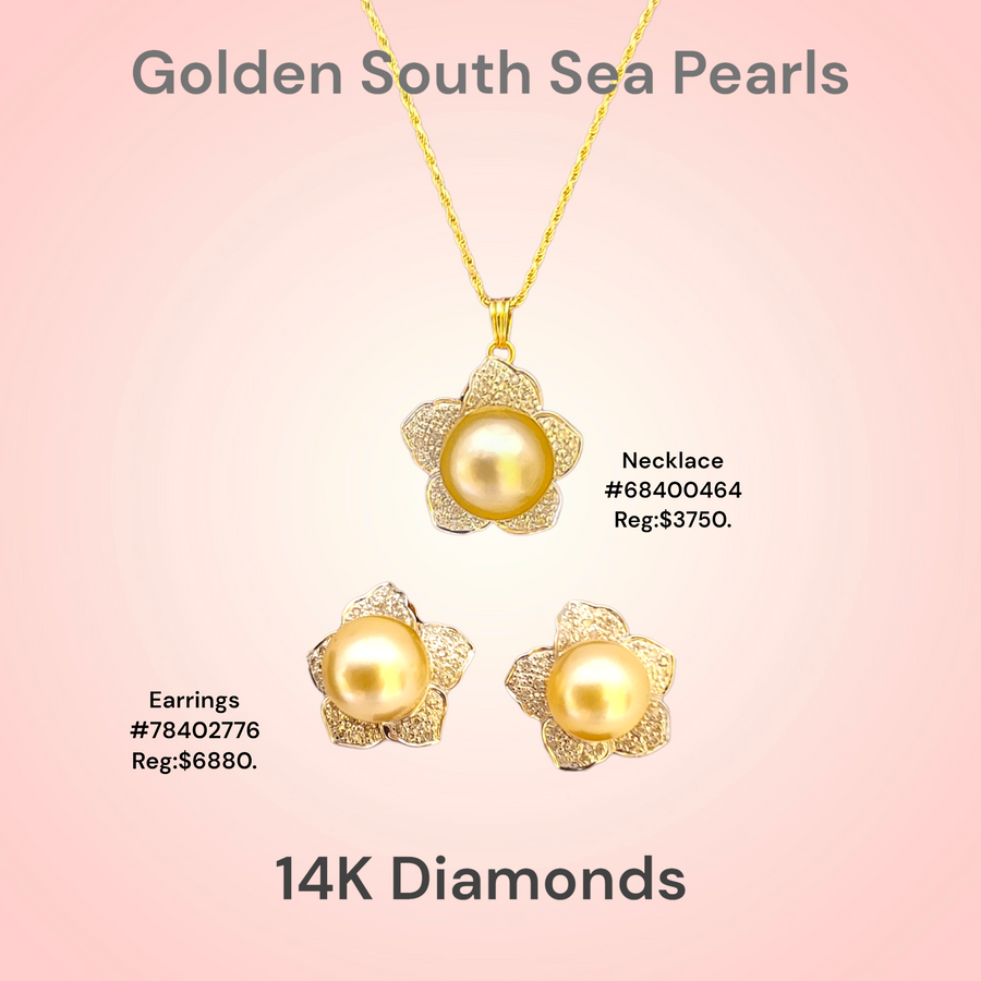 14K South Sea Golden Pearls Diamond Plumeria Pendant with Chain (19mm)