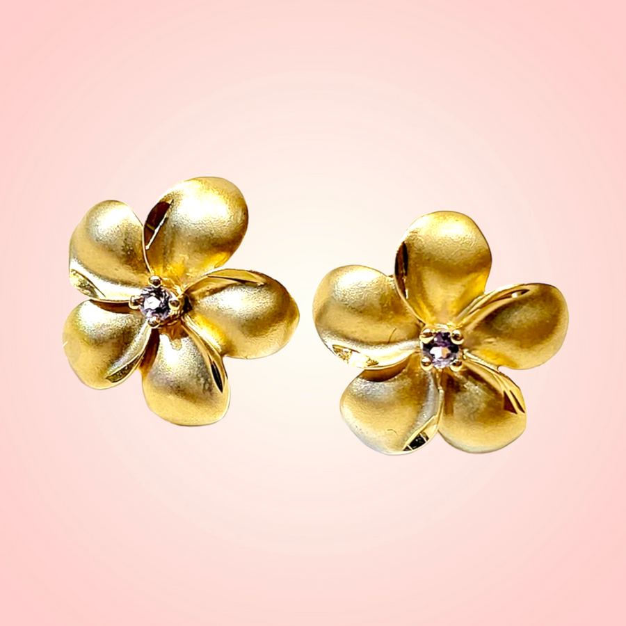 14K  Plumeria Stud Earrings with Tanzanites (16mm)