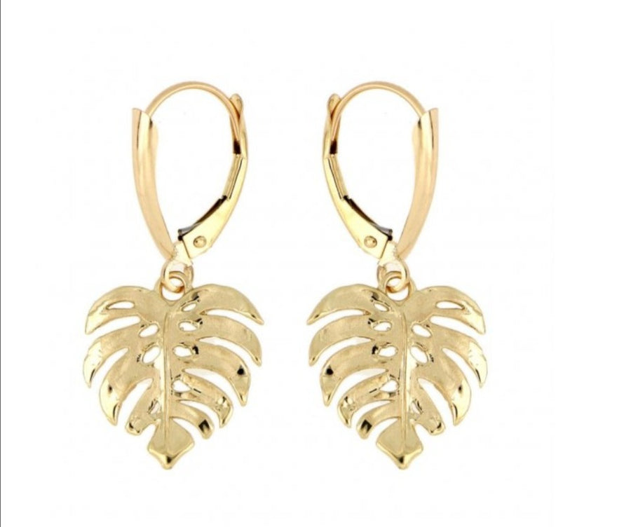 14K  Monstera  Leaf Dangle Earrings.