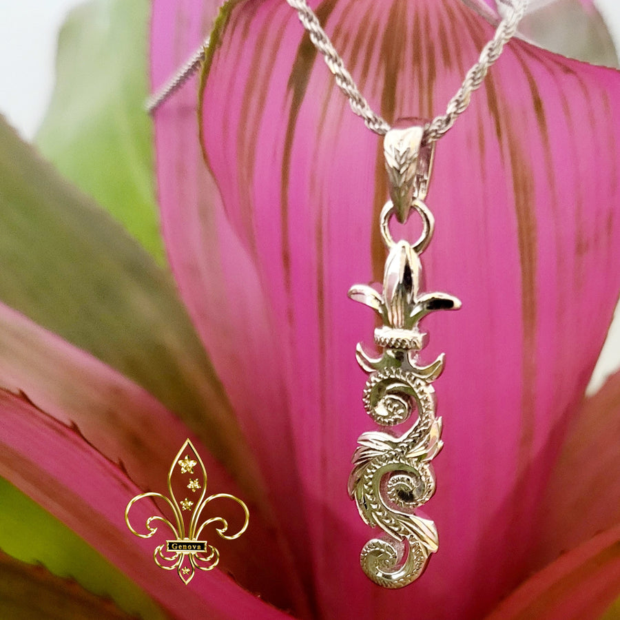 Silver Hawaiian Scroll Fleur De Lis Design Pendant with Chain (38mm)