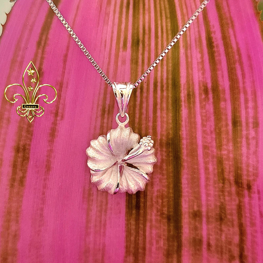 Silver Hibiscus  Pendant with Chain (15mm)