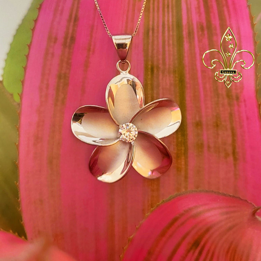 Silver Plumeria CZ Pendant with Chain (30mm)