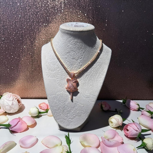 Rose Gold CZ Rose Pendant Necklace – 18" Tennis Chain, Pink & Clear Stones