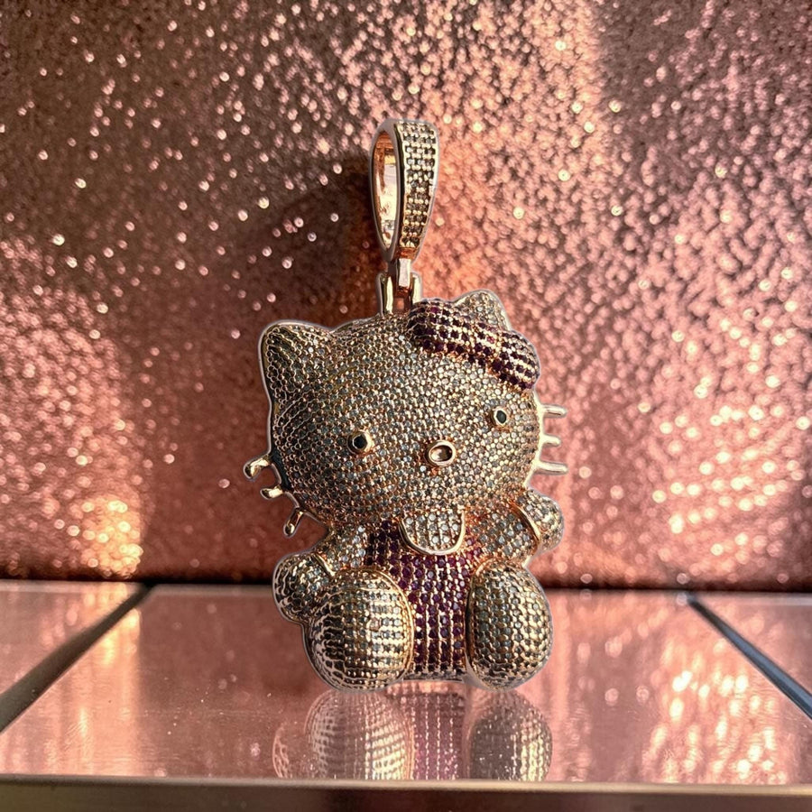 Iced out custom kitty rose gold gold filled pendant 34*58
