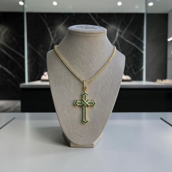Iced out Cross  filled Pendant with Green CZ Stones – Tennis Chain Necklace (20" Long)