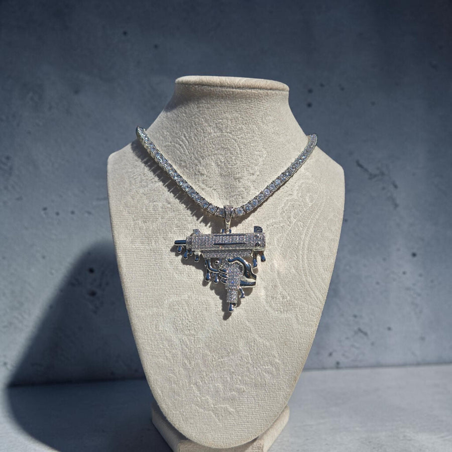 Custom White Gold  filled Uzi Pendant with CZ Tennis Chain – 52*60mm, 20" Length