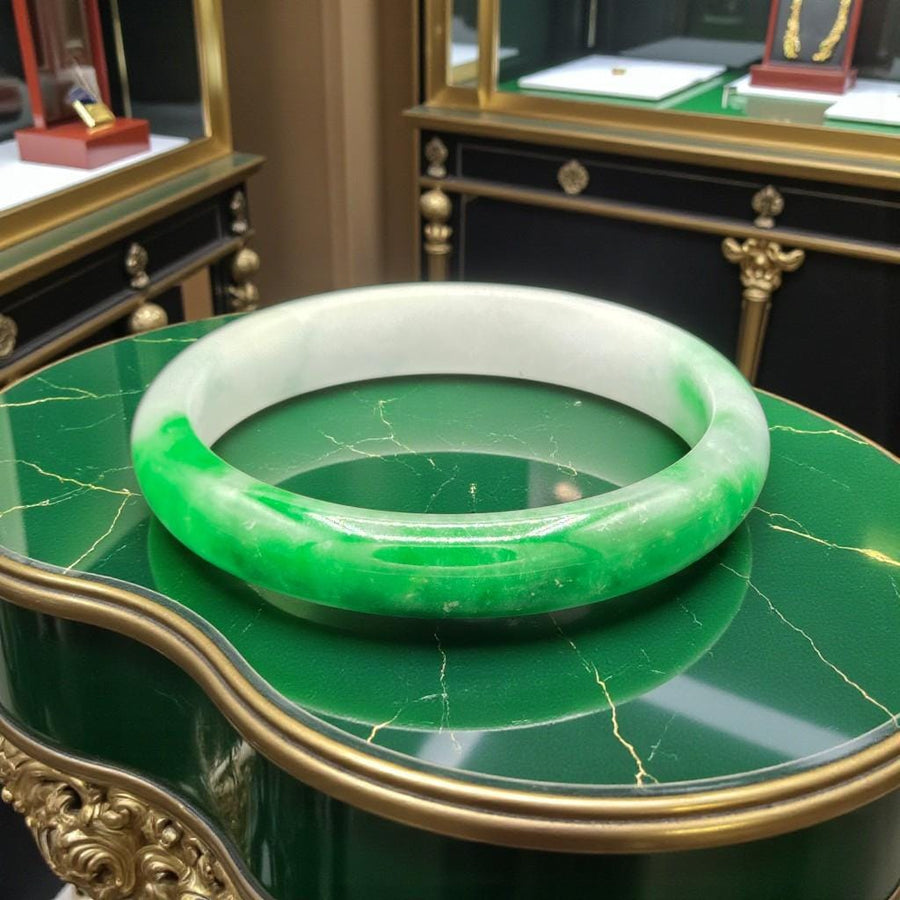 Green & White Jade Bangle – 12mm / Sz. 7.75