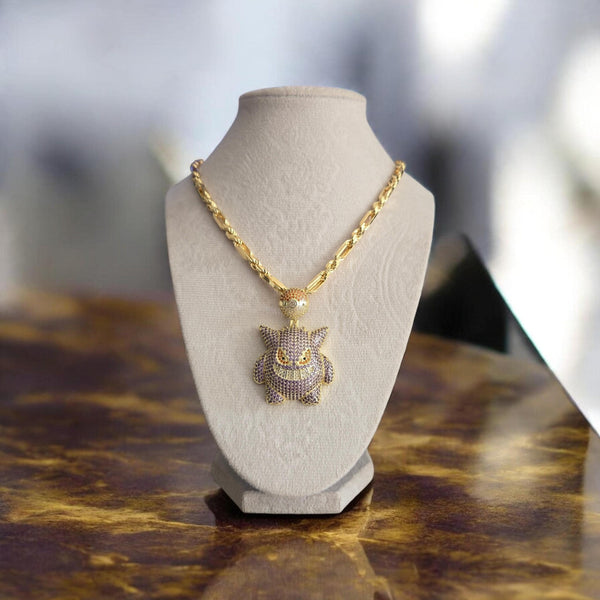 Iced Out Gengar Pendant – Gold Filled, Purple CZ, 20" Chain (38x53mm)