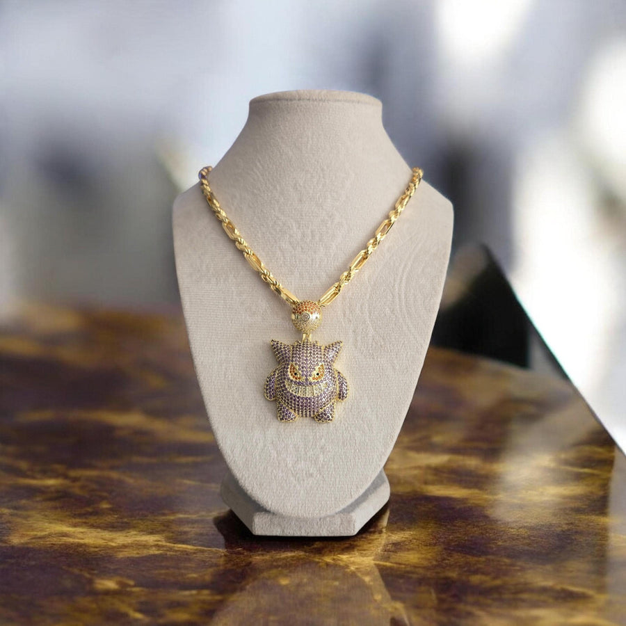 Iced Out Gengar Pendant – Gold Filled, Purple CZ, 20" Chain (38x53mm)