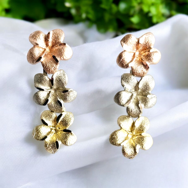14K Tri-colored Plumeria stud earrings