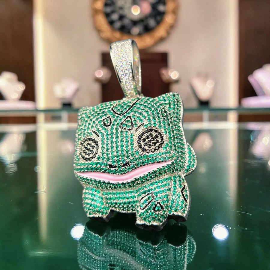 Custom Iced Out Frog Pendant: Silver-Tone Metal, Green Stones, Pink Enamel (38x60mm)