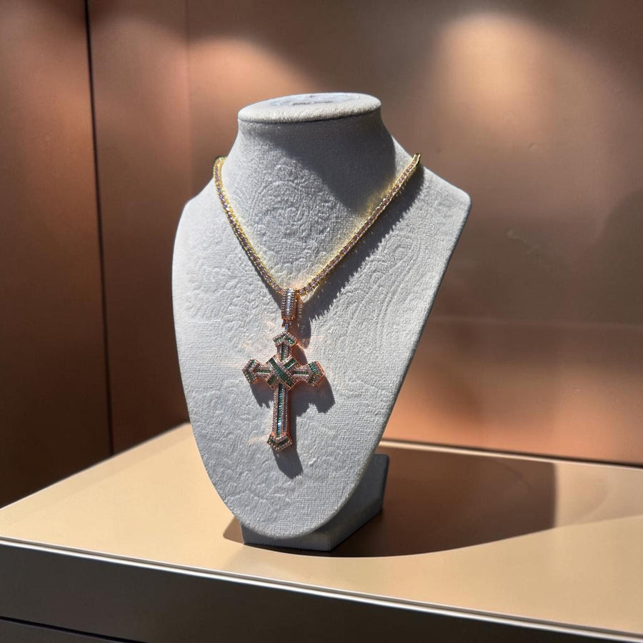 Rose Gold Plated Cross Pendant Necklace – 3mm CZ, 18" Tennis Chain
