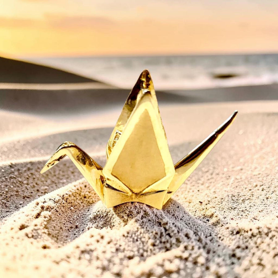 14 kt Gold Origami Crane Pendant, Symbol of Peace, Fortune, Longevity