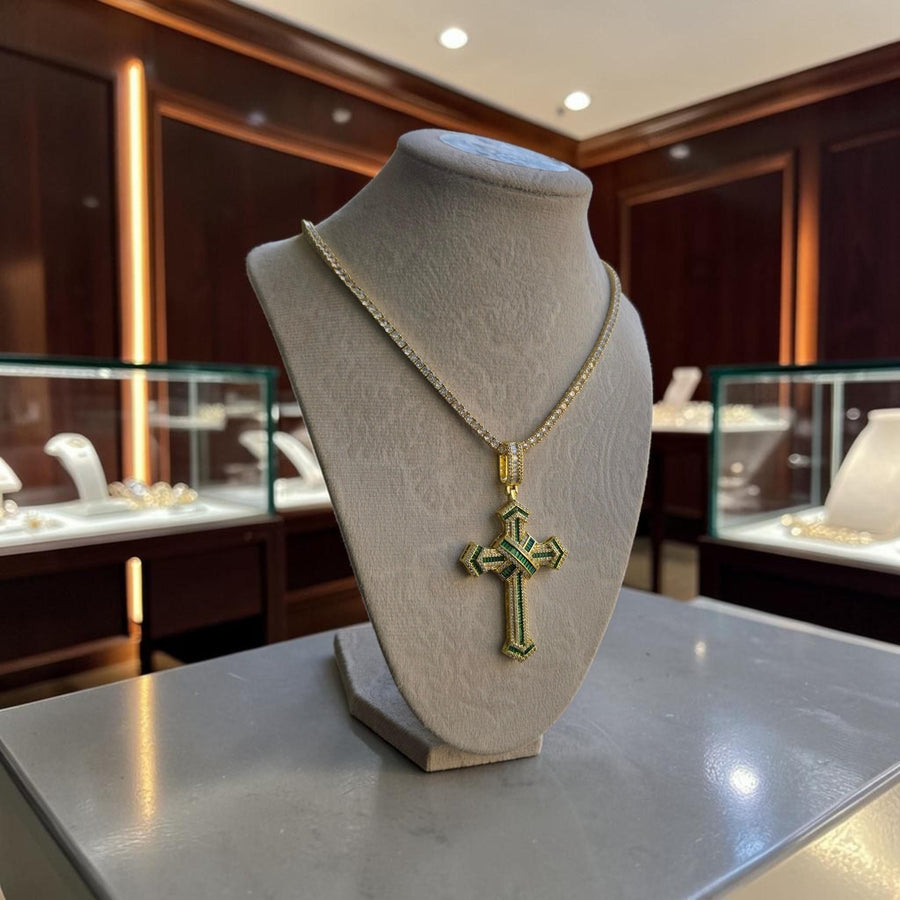 Iced out Cross  filled Pendant with Green CZ Stones – Tennis Chain Necklace (20" Long)